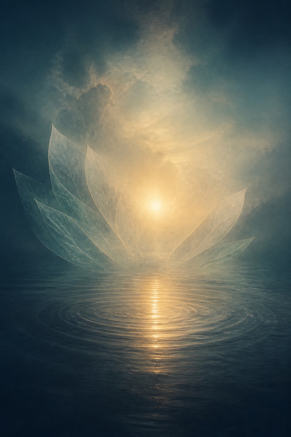 Abstract golden light rising from calm water through translucent lotus petals